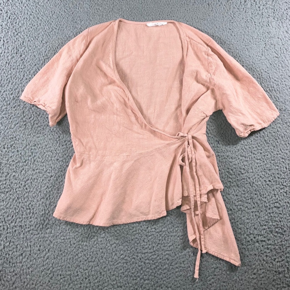 American Threads Wrap Top Peplum Women Large Pink Minimalist Side Tie Cotton